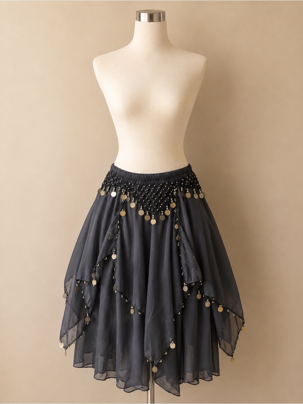 Black Coin Trim Belly Dance Chiffon Skirt Boho Gypsy Festival S/M